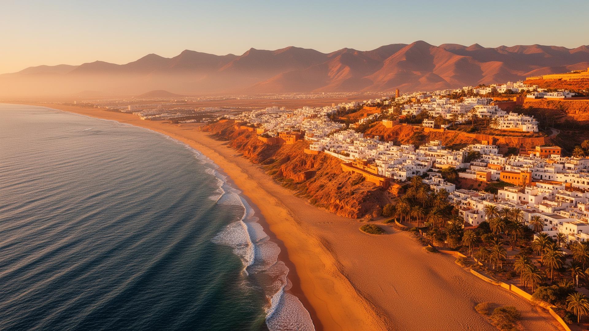 Aerial view of Agadir, Morocco at golden hour